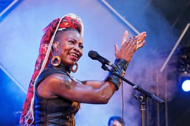 Dobet Gnahoré: Dobet Gnahoré en concert sous le chapiteau de Seb lors du festival du Bout du Monde 2018 à Crozon dans le Finistère (France).