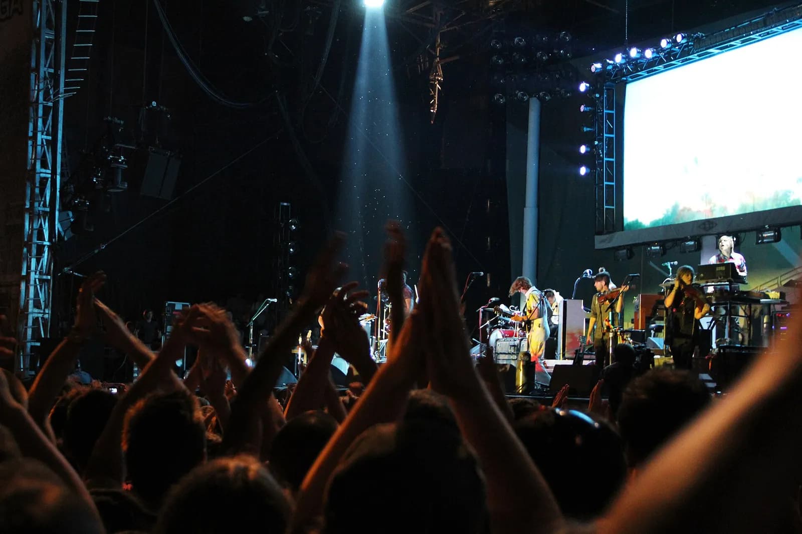Canada: Arcade Fire on stage at Osheaga Festival in Montreal, Québec, Canada, and crowd at parc Jean-Drapeau, 31 July 2010.