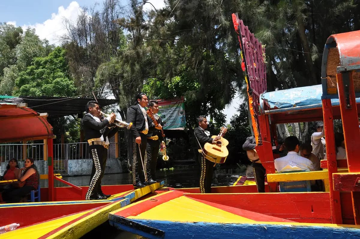 Mexico: Mariachis on board a boat at Xochimilco, serenading tourists
